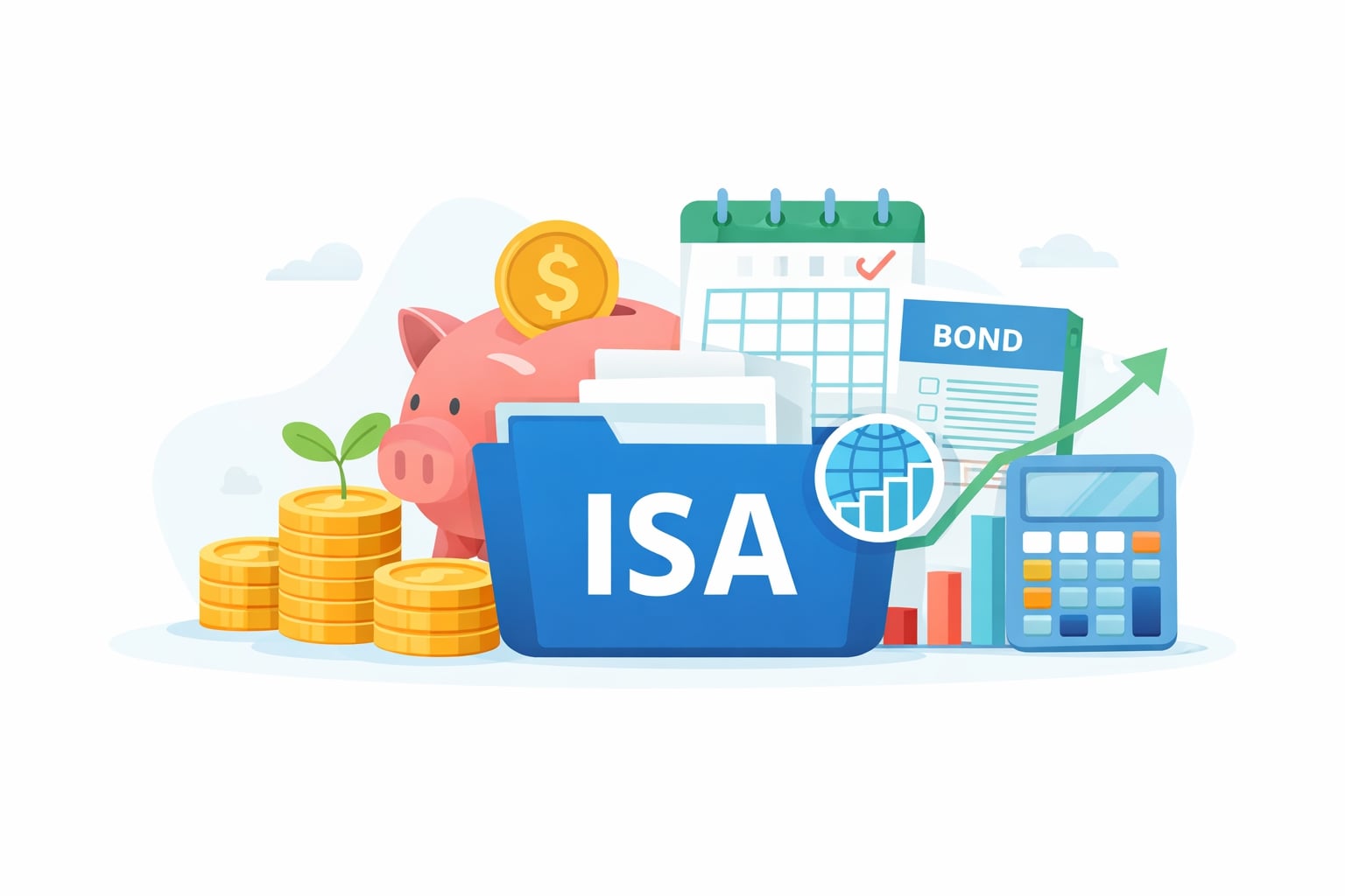 ISA 계좌를 상징하는 폴더 아이콘과 함께 저축, 투자, 절세, 장기 자산 관리를 나타내는 금융 일러스트 이미지