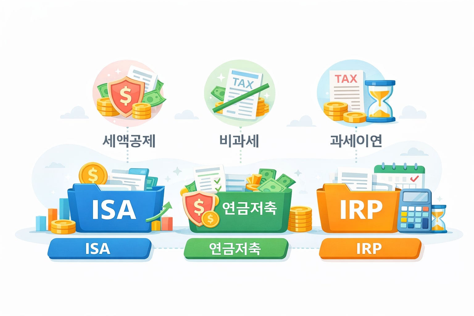 ISA 연금저축 IRP 세금 구조와 절세 혜택을 비교한 금융 일러스트