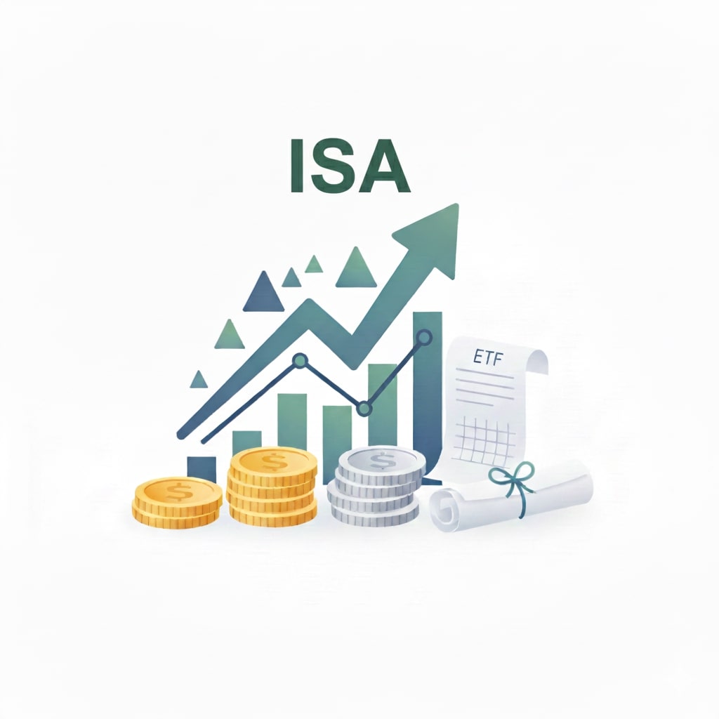 생산적 금융 ISA 개념을 설명하는 투자 및 ETF 일러스트 이미지